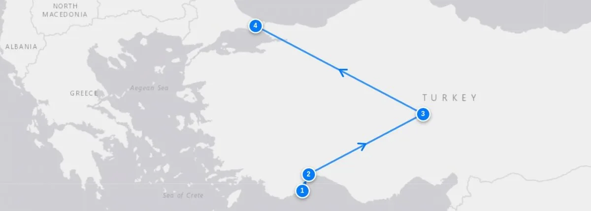 Olympos / Antalya To Cappadocia route map